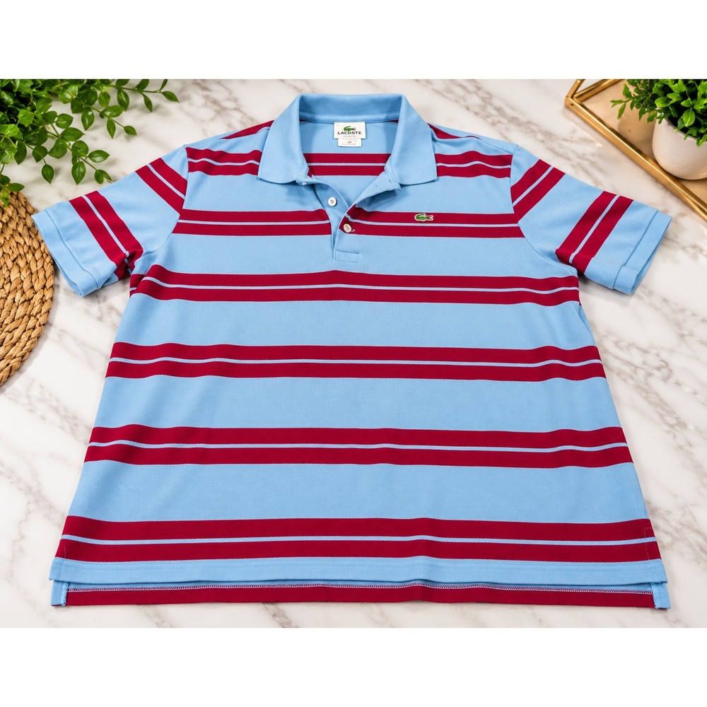 Lacoste Men's Striped Polo Shirt – Light Blue & Red – Size 7 (Modern XL)